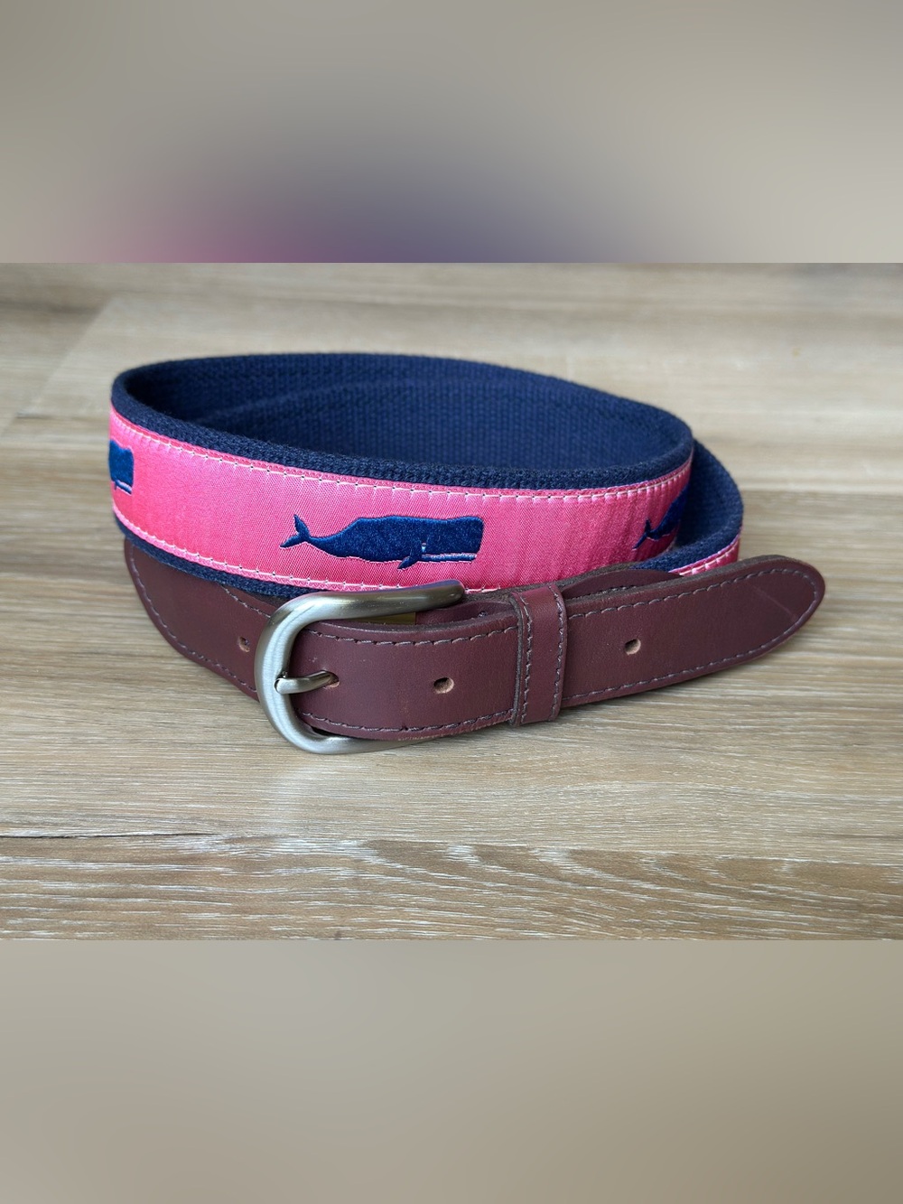 Belted Cow Moby Whale Ribbon Belt Pink Navy Blue Webbing Leather Tab Men’s Sz 38